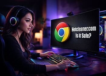 Eliminar Hotcleaner.com en un clic y proteger Chrome: mujer usando PC con logotipo de Google Chrome y aviso de seguridad en pantalla.