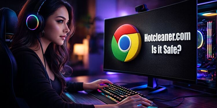 Eliminar Hotcleaner.com en un clic y proteger Chrome: mujer usando PC con logotipo de Google Chrome y aviso de seguridad en pantalla.