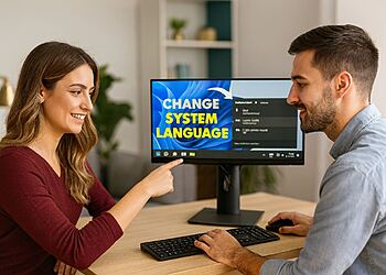 Idioma Windows 11 - Pareja cambiando el idioma de Windows 11 en el ordenador, pantalla con mensaje "Change system language", tutorial para modificar el idioma de sistema en 1 minuto y evitar errores de configuración.