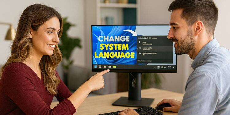 Idioma Windows 11 - Pareja cambiando el idioma de Windows 11 en el ordenador, pantalla con mensaje "Change system language", tutorial para modificar el idioma de sistema en 1 minuto y evitar errores de configuración.
