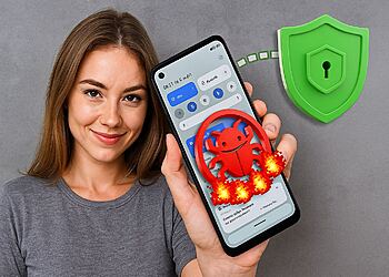 Malware Android - Mujer sosteniendo un smartphone Android con alerta de virus y escudo de seguridad; guía en 5 pasos para eliminar malware y proteger tu móvil rápidamente.