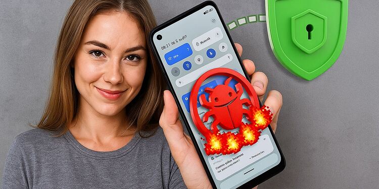 Malware Android - Mujer sosteniendo un smartphone Android con alerta de virus y escudo de seguridad; guía en 5 pasos para eliminar malware y proteger tu móvil rápidamente.