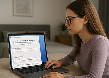 Proteger ZIP - Mujer usando una laptop para poner contraseña a un archivo comprimido, ejemplo de cómo proteger un archivo ZIP con métodos rápidos de encriptación y seguridad de datos.