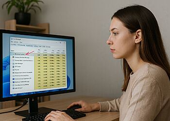 Reiniciar Windows Explorer - Mujer reiniciando Windows Explorer desde el Administrador de tareas en Windows para arreglar fallos del sistema en segundos.