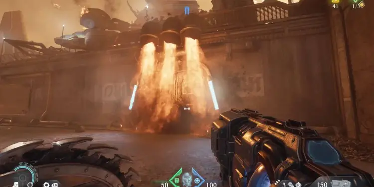 Secreto Puerta de Fuego en Doom The Dark Ages: vista en primera persona con compuerta cubierta de llamas que bloquea el paso, guía para abrirla.