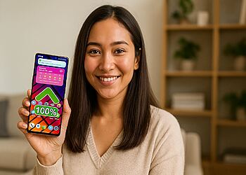 Smartphone lento - Mujer mostrando su smartphone con pantalla 100% y flecha hacia arriba, ilustrando 5 trucos fáciles para acelerar y optimizar un móvil lento.