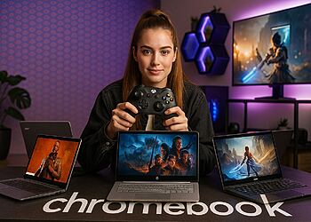 Steam en Chromebook Plus: gamer con mando frente a tres Chromebooks ejecutando juegos de PC, demostrando que puedes jugar como en una laptop.