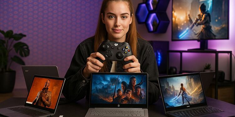 Steam en Chromebook Plus: gamer con mando frente a tres Chromebooks ejecutando juegos de PC, demostrando que puedes jugar como en una laptop.