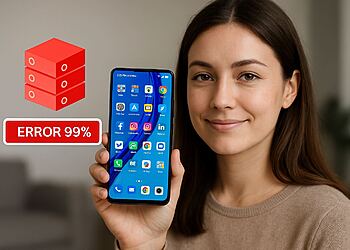Storage bloat - Mujer mostrando smartphone Android con error 99%; guía Storage bloat para eliminar archivos basura, limpiar caché y acelerar tu móvil liberando espacio.
