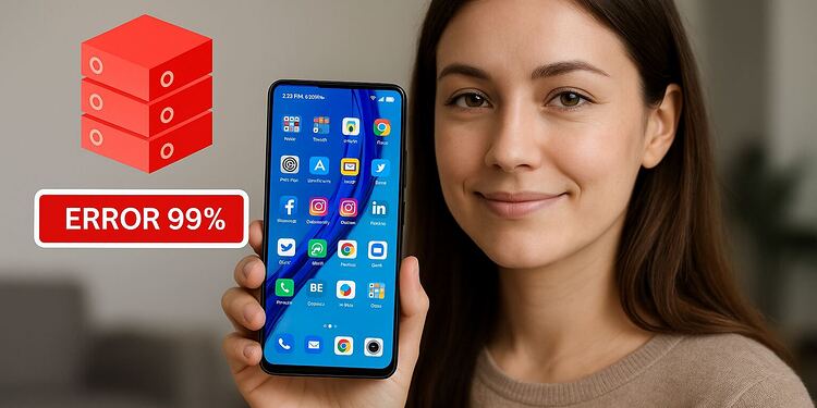 Storage bloat - Mujer mostrando smartphone Android con error 99%; guía Storage bloat para eliminar archivos basura, limpiar caché y acelerar tu móvil liberando espacio.