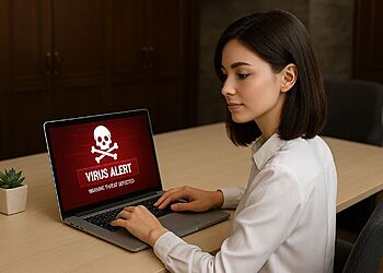 Virus MEMZ - Woman using a laptop showing a red virus alert screen, illustrating MEMZ virus malware infection warning and cybersecurity threat on a Windows PC.