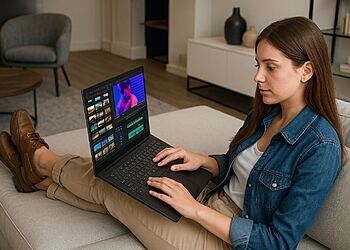 Otonomi Total - Seorang wanita bekerja dengan nyaman di sofa dengan laptop yang tahan lama sambil mengedit video, menggambarkan panduan singkat untuk mencapai otonomi total pada laptop yang tidak mudah lelah.