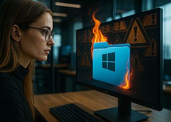 Folder Prefetch - Wanita membersihkan folder Prefetch di Windows untuk mempercepat PC, ilustrasi pengoptimalan dan pembersihan cepat yang melipatgandakan kecepatan sistem operasi.