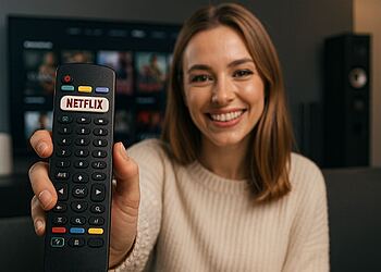 Códigos secretos Netflix - Mujer sonriendo en el sofá mientras sostiene un mando a distancia con botón de Netflix, ideal para ilustrar trucos y códigos secretos de Netflix para encontrar nuevas series y películas.