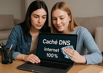 Cache DNS: il modo più rapido per aumentare la tua velocità oggi stesso 🚀 20 Cache DNS - Due donne puliscono lo schermo di un computer portatile con il testo "DNS Cache Internet 100%", illustrando come cancellare o pulire la cache DNS per migliorare la connessione Internet.