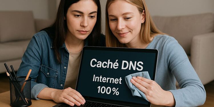 Caché DNS - Dos mujeres limpiando la pantalla de un portátil con el texto "Caché DNS Internet 100%", ilustrando cómo borrar o limpiar la caché DNS para mejorar la conexión a Internet.