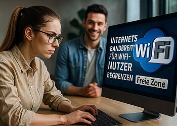 Kontrol bandwidth - Wanita mengonfigurasi kontrol bandwidth WiFi di komputernya untuk membatasi pengguna dan meningkatkan kecepatan internet pada jaringan.