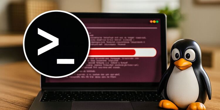 Desinstalar Linux - Portátil tipo Chromebook con Linux y terminal en pantalla junto a la mascota Tux, ilustrando cómo desinstalar Linux y limpiar tu Chromebook en 1 minuto.