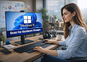 Scansione per modifiche hardware: un trucco nascosto che tutti usano 🔍 19 Ricerca modifiche hardware - Donna che lavora in un ufficio moderno utilizzando un computer con Windows 11 sullo schermo, dove viene visualizzato il messaggio "Ricerca modifiche hardware", concetto di ricerca modifiche hardware nel sistema operativo Windows 11.