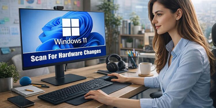 Escanear cambios de hardware - Mujer trabajando en oficina moderna usando computadora con Windows 11 en pantalla que muestra mensaje "Scan For Hardware Changes", concepto de escanear cambios de hardware en sistema operativo Windows 11.