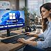 Escanear cambios de hardware - Mujer trabajando en oficina moderna usando computadora con Windows 11 en pantalla que muestra mensaje "Scan For Hardware Changes", concepto de escanear cambios de hardware en sistema operativo Windows 11.