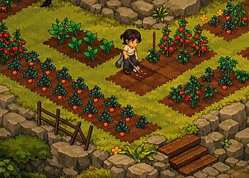 Grave Seasons: il terrore accogliente come scommessa creativa che divide il giocatore 11 Scena pixel art di Grave Seasons Terror Acogedor che mostra un accogliente ambiente di gioco agricolo con un personaggio che si prende cura dei raccolti, raccoglie pomodori e verdure in un rigoglioso giardino stagionale, caratterizzato da colori caldi, sentieri rustici e un'affascinante estetica da gioco indie.