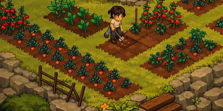 Grave Seasons Terror Acogedor pixel art scene showing a cozy farming game environment with a character tending crops, harvesting tomatoes and vegetables in a lush seasonal garden, featuring warm colors, rustic paths, and charming indie game aesthetics.