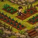 Grave Seasons Terror Acogedor pixel art scene showing a cozy farming game environment with a character tending crops, harvesting tomatoes and vegetables in a lush seasonal garden, featuring warm colors, rustic paths, and charming indie game aesthetics.