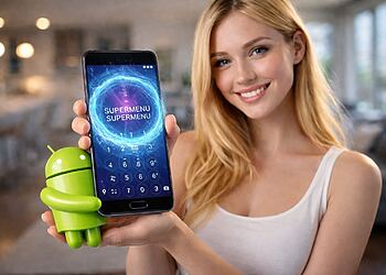 Il menu nascosto di Android e il suo impatto reale sulle prestazioni dei dispositivi mobili 15 Menu Android nascosto - Donna che tiene in mano uno smartphone Android con il menu Android nascosto o segreto sullo schermo, che mostra il super menu delle impostazioni avanzate e l'icona del robot Android.