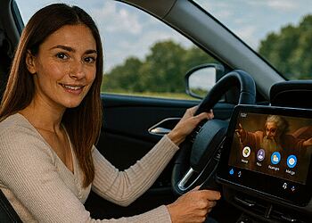Modo Dios Android Auto - Woman driving a car using "Modo Dios" on Android Auto, showing a custom God-themed interface on the vehicle's touchscreen.