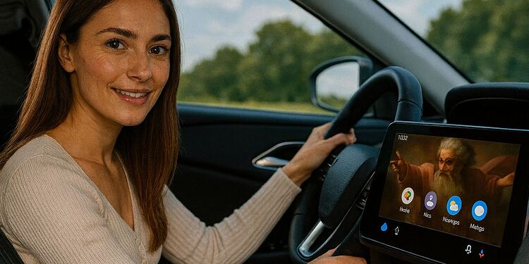 Modo Dios Android Auto - Woman driving a car using "Modo Dios" on Android Auto, showing a custom God-themed interface on the vehicle's touchscreen.