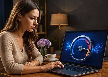 Monitor de Internet Windows 11 - Woman using a Windows 11 laptop with an internet speed monitor dashboard on the screen, checking network performance and connection quality at home.