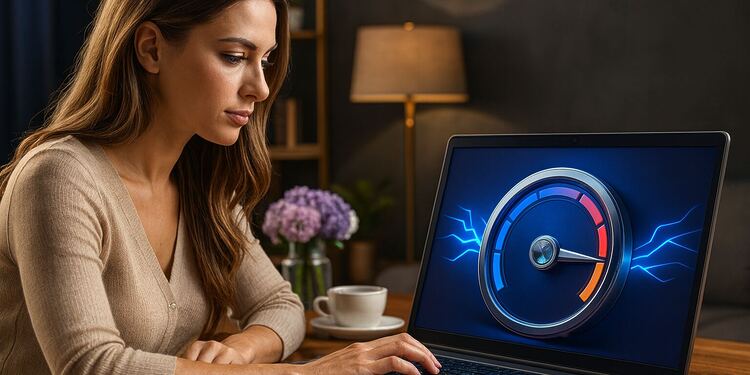 Monitor de Internet Windows 11 - Woman using a Windows 11 laptop with an internet speed monitor dashboard on the screen, checking network performance and connection quality at home.