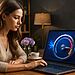 Monitor de Internet Windows 11 - Woman using a Windows 11 laptop with an internet speed monitor dashboard on the screen, checking network performance and connection quality at home.