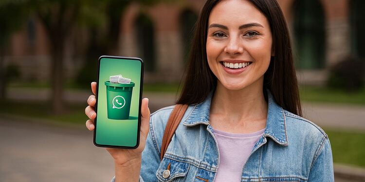 Papelera WhatsApp - Mujer joven sonriente mostrando en su móvil un icono de papelera verde con el logo de WhatsApp, concepto de papelera WhatsApp para limpiar y liberar espacio del teléfono en pocos minutos.
