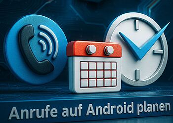 Programar Llamadas Android - Ilustración 3D de un icono de teléfono, calendario y reloj que representan cómo programar llamadas en Android y organizar recordatorios de llamadas en el móvil.