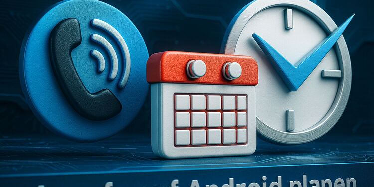Programar Llamadas Android - Ilustración 3D de un icono de teléfono, calendario y reloj que representan cómo programar llamadas en Android y organizar recordatorios de llamadas en el móvil.