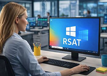 RSAT in Windows 11 e il suo impatto reale sulla gestione IT 12 RSAT su Windows 11 - Utente che lavora su un computer Windows 11 e mostra RSAT (Remote Server Administration Tools), strumenti di amministrazione remota del server in un ambiente aziendale.