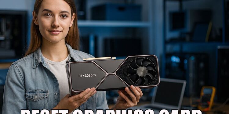 Reiniciar tarjeta gráfica - Mujer sosteniendo una tarjeta gráfica RTX 3080 Ti en un escritorio de ordenador, ilustrando tutorial para reiniciar o resetear la tarjeta gráfica en PC gaming.