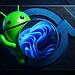 Sincroniza Android Windows - Ilustración de un icono de Android sincronizándose con el logotipo de Windows 11, representando cómo sincronizar un teléfono Android con un PC Windows para compartir archivos, notificaciones y aplicaciones.