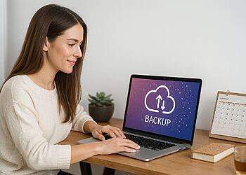 Software de respaldo - Mujer usando software de respaldo en laptop para hacer copia de seguridad en la nube y evitar perder sus datos hoy.