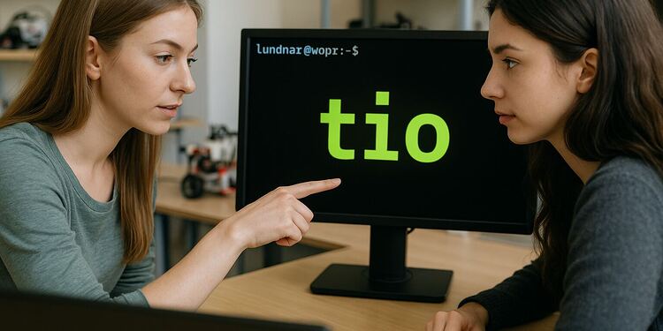 Tio - Dos estudiantes programando en un ordenador con la palabra "tio" en pantalla, aprendiendo el truco oculto para dominar microcontroladores y mejorar proyectos de electrónica.