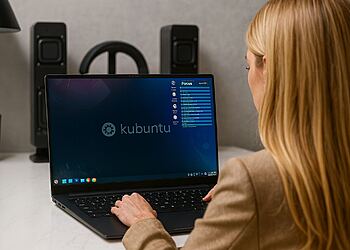 Transisi ke Linux - Seorang wanita menggunakan laptop dengan Kubuntu Linux di desktop, menggambarkan transisi ke Linux dan 7 aplikasi yang direkomendasikan untuk mempercepat peralihan dari Windows atau macOS.