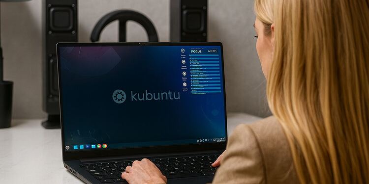Transición a Linux - Mujer usando un portátil con Kubuntu Linux en el escritorio, ilustrando la transición a Linux y las 7 aplicaciones recomendadas para acelerar el cambio de Windows o macOS.