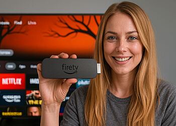 VPN Fire TV - Wanita menggunakan Fire TV Stick di TV untuk menonton Netflix dan aplikasi streaming lainnya dengan VPN, melindungi datanya dan membuka lebih banyak konten.