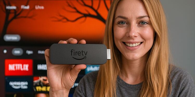 VPN Fire TV - Mujer usando Fire TV Stick en la televisión para ver Netflix y otras apps de streaming con VPN, protegiendo sus datos y desbloqueando más contenido.