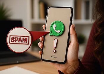 WhatsApp Spam - Ponsel dengan logo WhatsApp dan peringatan spam, mengilustrasikan cara mengaktifkan filter spam tersembunyi di WhatsApp.