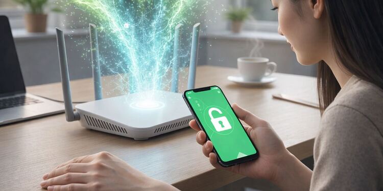 WiFi Lento E Inestable - Usuario revisando problemas de WiFi lento e inestable en casa, con router inalámbrico y teléfono móvil mostrando conexión segura y señal de red débil.