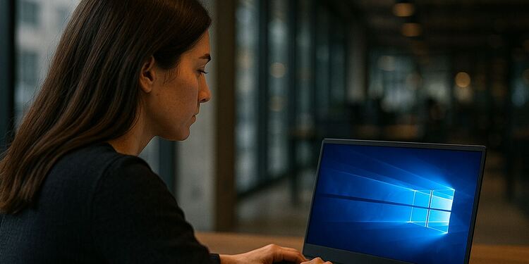 Windows 128 bits - Mujer utilizando una laptop con sistema operativo Windows en una oficina moderna, ilustrando el salto de rendimiento y seguridad de Windows 128 bits que promete cambiar tu PC para siempre.
