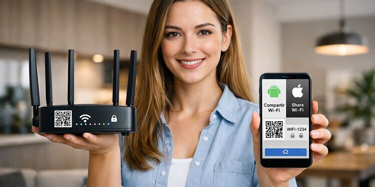 Contraseña WiFi Desde El Móvil - Compartir contraseña WiFi desde el móvil mostrando router con código QR y smartphone Android y iPhone para compartir WiFi fácilmente.